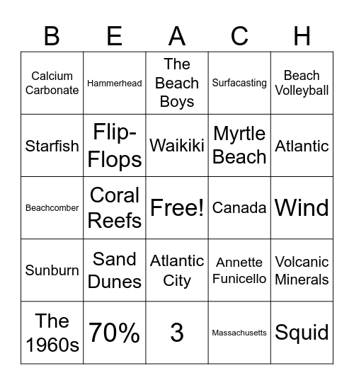 Beach Trivia Bingo Card
