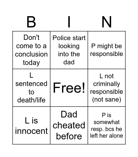 L and P Bingo Card