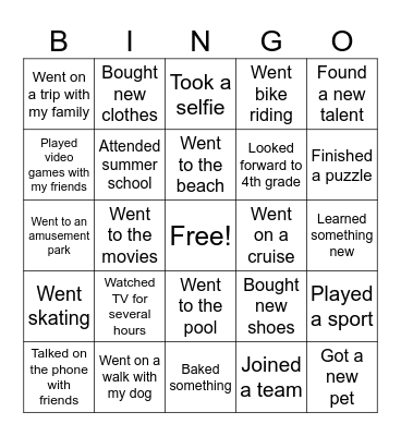 Summer Break Bingo Card