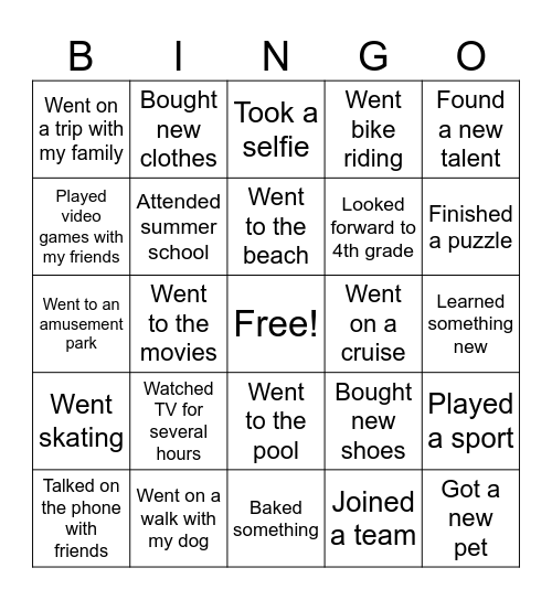 Summer Break Bingo Card