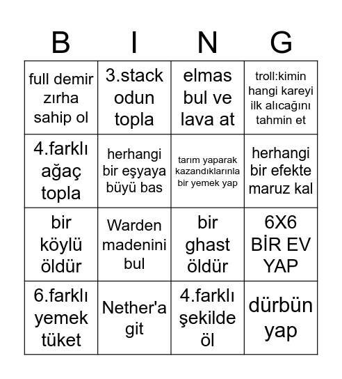 Minecraft Bingo Card