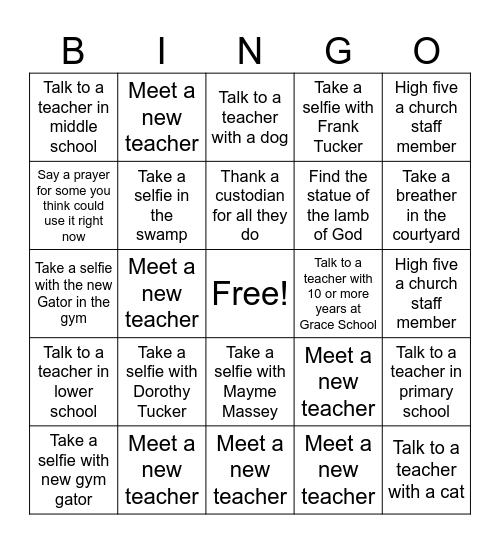 Grace School Bingo Card