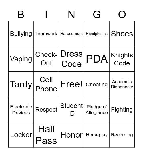Qwest School Policies Bingo Card