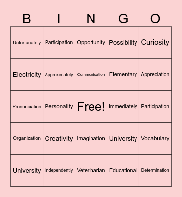 5-Syllable Word Bingo! Bingo Card