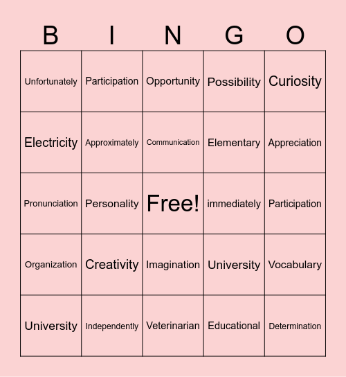5-Syllable Word Bingo! Bingo Card