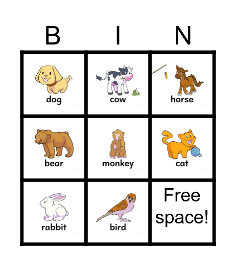 Animals Bingo Card