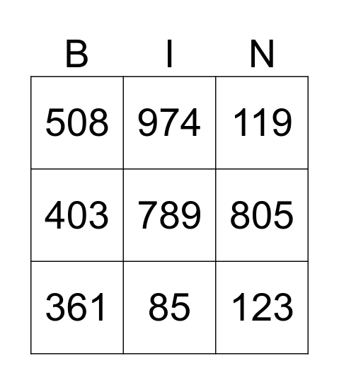 Number 1-1000 Bingo Card
