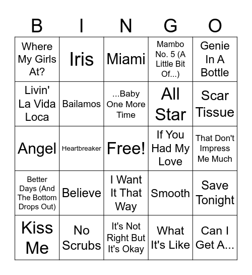 Billboard Year-End Of 1999 Bingo Card