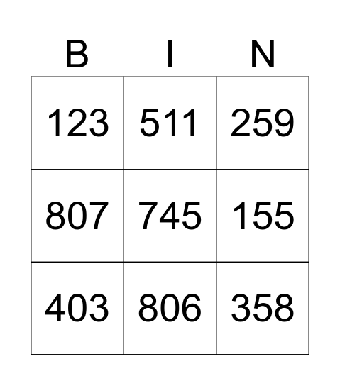 Number 1-1000 Bingo Card