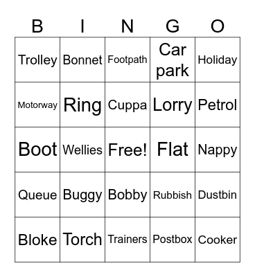 British Words Bingo Card