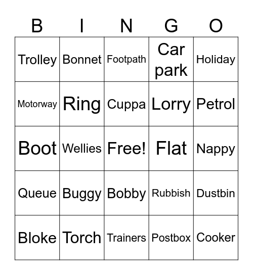 British Words Bingo Card