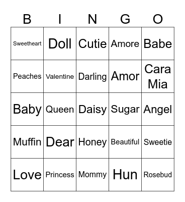 Pet names Bingo Card