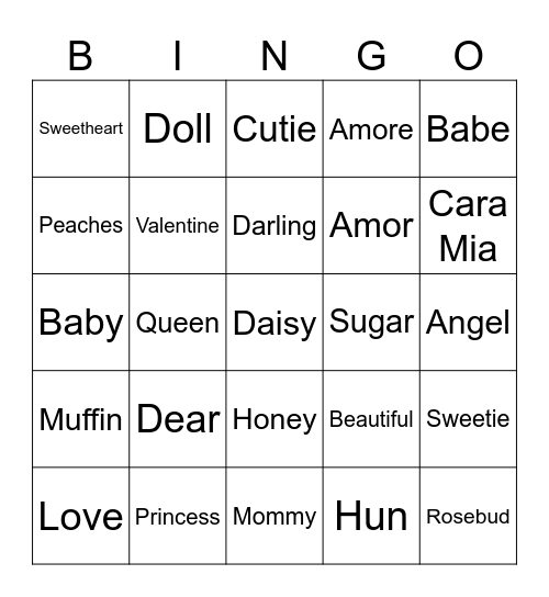 Pet names Bingo Card