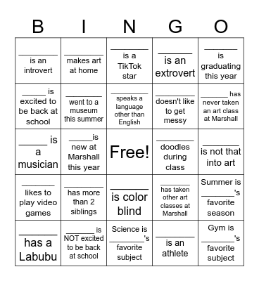 First Day of Art Class! Bingo Card