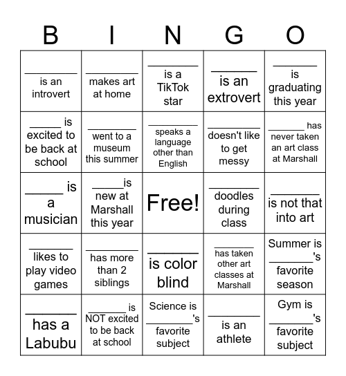 First Day of Art Class! Bingo Card