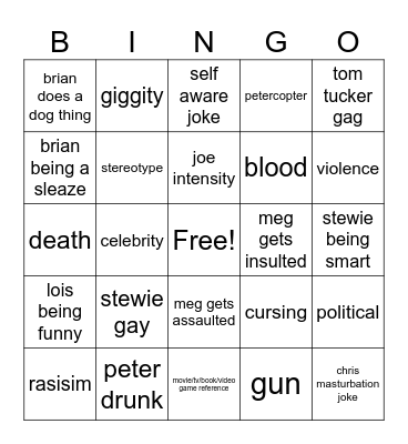 family guy Bingo Card