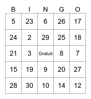 Les numéros Bingo Card