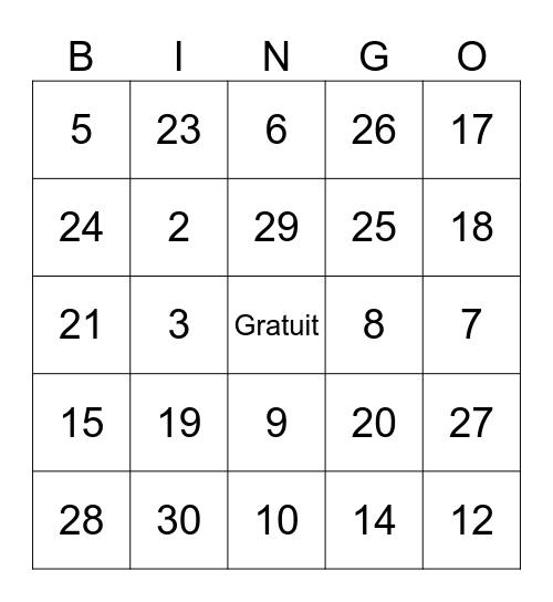 Les numéros Bingo Card