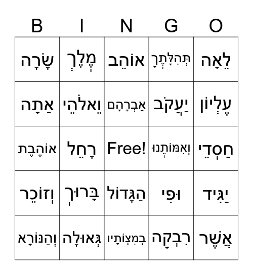 Avot G'vurot Bingo Card