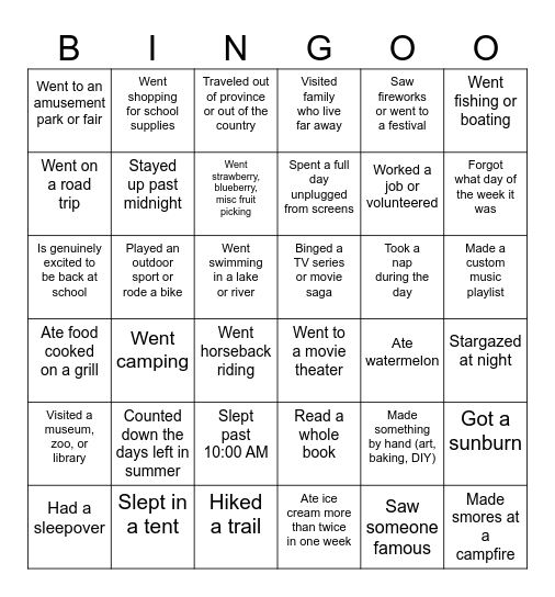 Back to School Bingo Card
