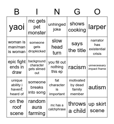 anime bingo Card