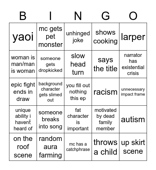 anime bingo Card