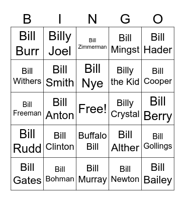 Old Bill's Bingo Card