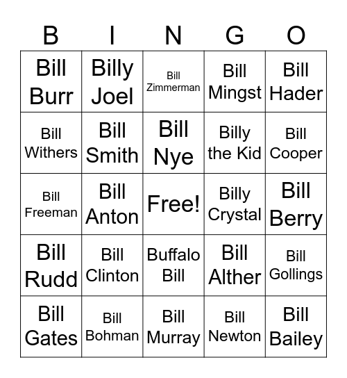 Old Bill's Bingo Card