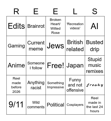 Instagram Reels Bingo Card