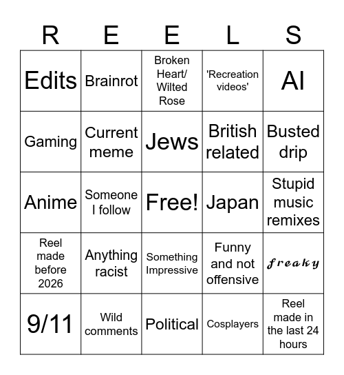 Instagram Reels Bingo Card