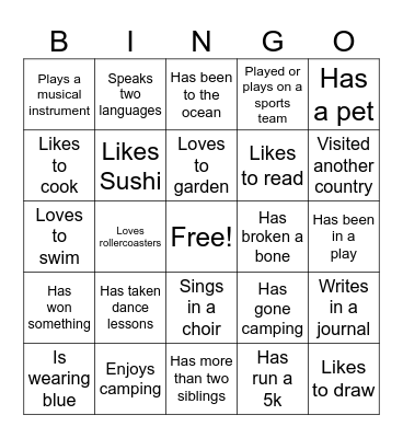 Get to Know You Bingo Card
