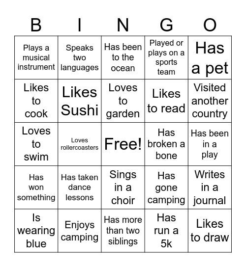 Get to Know You Bingo Card