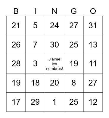 Les Nombres 1-31 Bingo Card