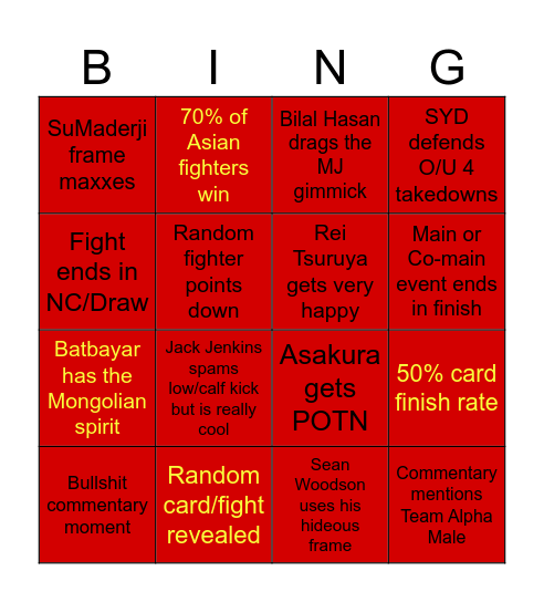 UFC CHINA BINGO Card
