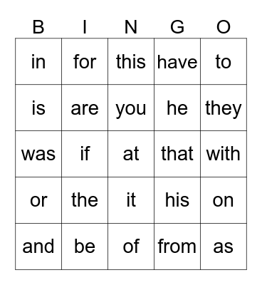 1st Grade Sight Words Bingo Card