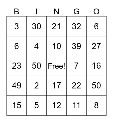 Number 1-50 Bingo Card