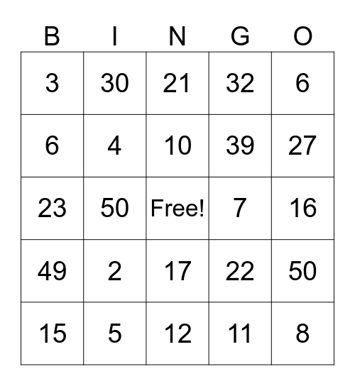 Number 1-50 Bingo Card