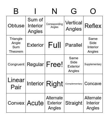 Angle Vocabulary BINGO Card