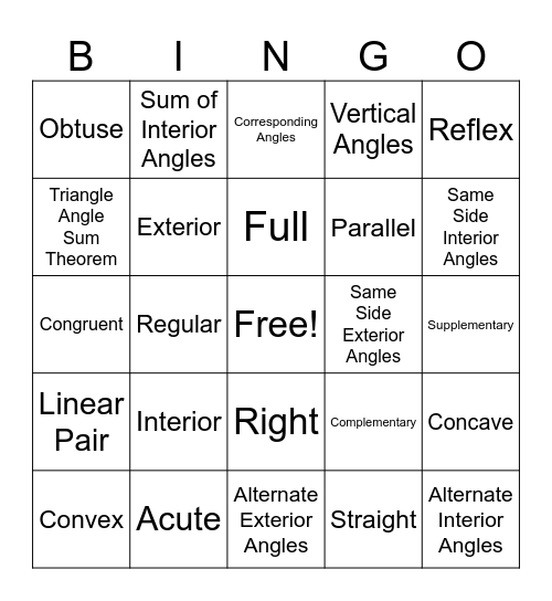 Angle Vocabulary BINGO Card