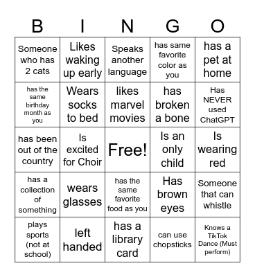 Choir Bingo Card
