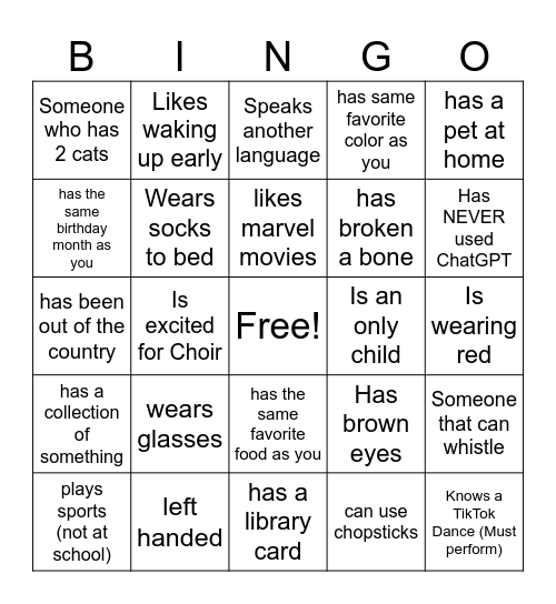 Choir Bingo Card
