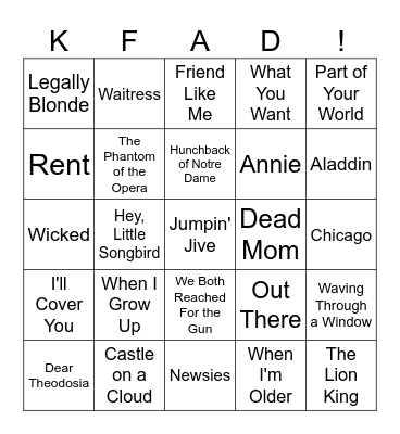 KFAD Broadway Bingo Card