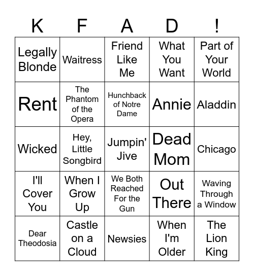 KFAD Broadway Bingo Card