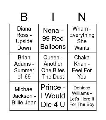 80’s Music Bingo Card