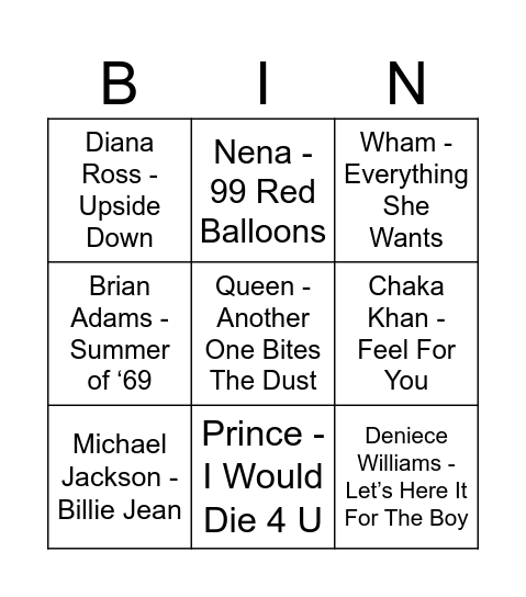 80’s Music Bingo Card