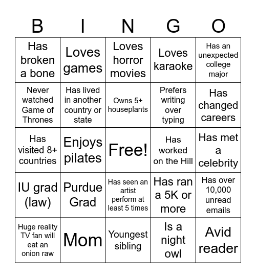 HWF Bingo Card