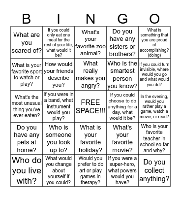 Getting to know my new therapist!  Bingo Card
