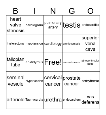 Medical Terminology - Part 2 Vocabulary Bingo Card
