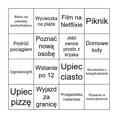 Wakacje Bingo Card