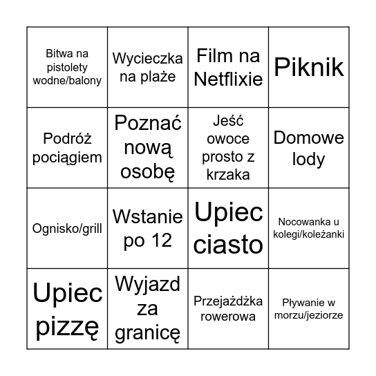 Wakacje Bingo Card